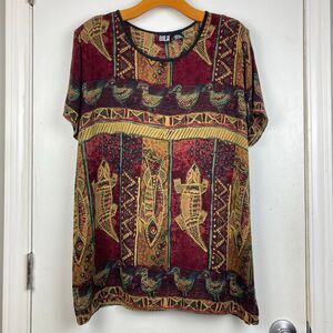 BILA Vintage 90s VTG Women's Earthtone Ethnic Tribal Gauzy Tunic Top Animal sz S